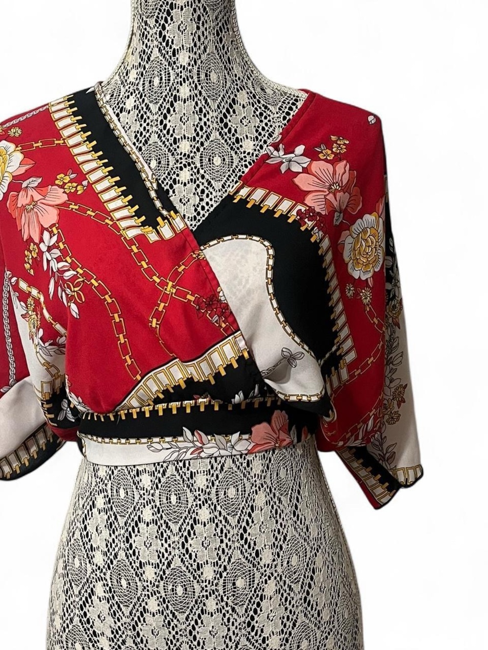 Red Floral Chain-Print Wrap Crop Top by